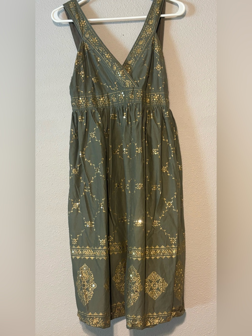 Michael Kors Olive Green  Midi Dress with Gold Foil Motif
